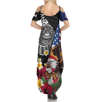 United States and American Samoa Family Matching Summer Maxi Dress and Hawaiian Shirt USA Flag Eagle With Seal Tropical Flowers