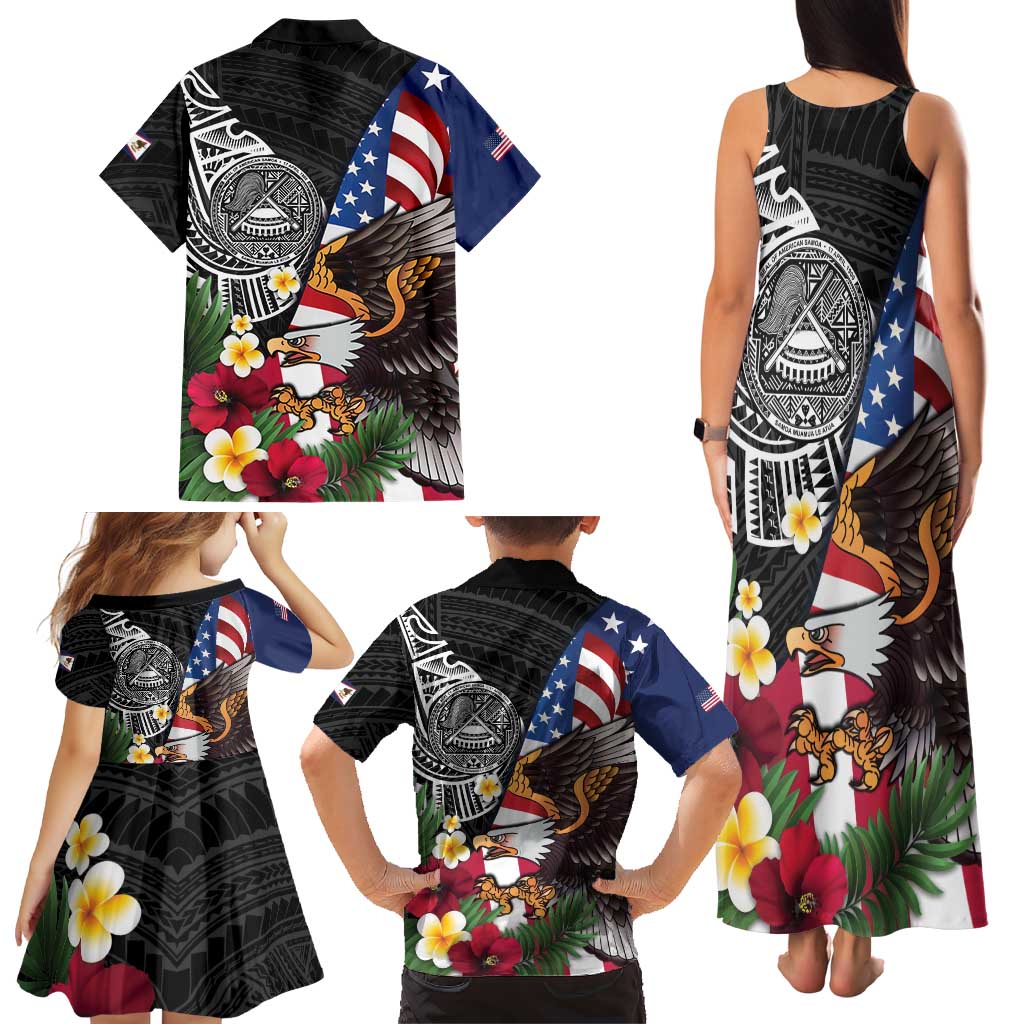 United States and American Samoa Family Matching Tank Maxi Dress and Hawaiian Shirt USA Flag Eagle With Seal Tropical Flowers