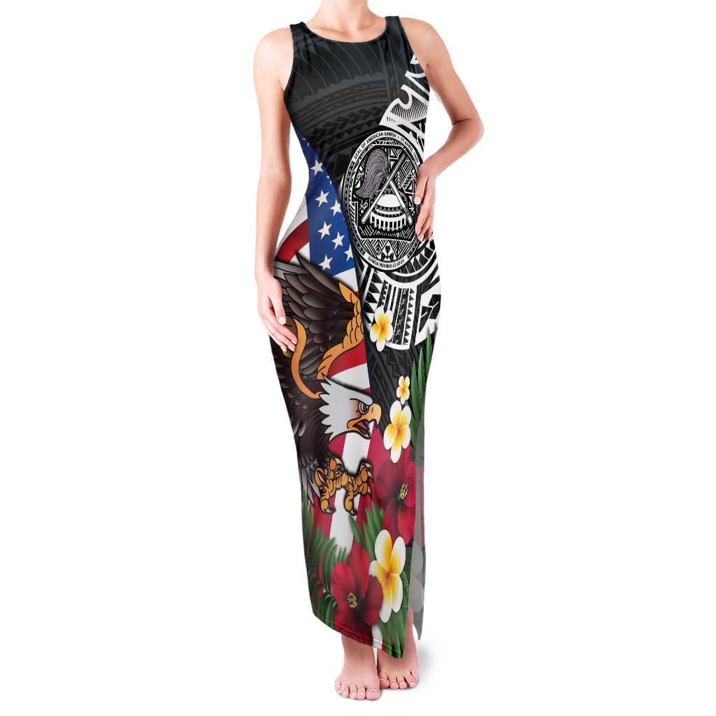 United States and American Samoa Family Matching Tank Maxi Dress and Hawaiian Shirt USA Flag Eagle With Seal Tropical Flowers