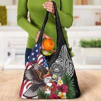 United States and American Samoa Grocery Bag USA Flag Eagle With Seal Tropical Flowers