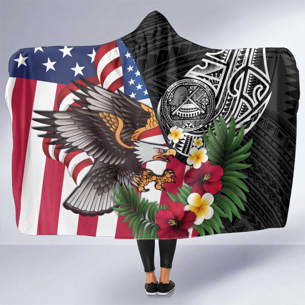 United States and American Samoa Hooded Blanket USA Flag Eagle With Seal Tropical Flowers LT14 One Size Black - Polynesian Pride