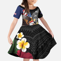 United States and American Samoa Kid Short Sleeve Dress USA Flag Eagle With Seal Tropical Flowers