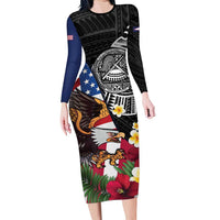 United States and American Samoa Long Sleeve Bodycon Dress USA Flag Eagle With Seal Tropical Flowers