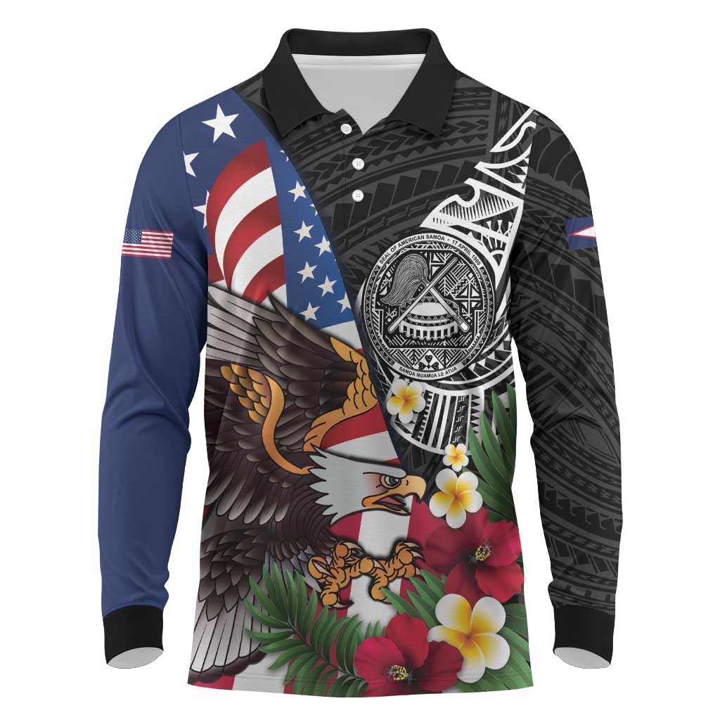 United States and American Samoa Long Sleeve Polo Shirt USA Flag Eagle With Seal Tropical Flowers