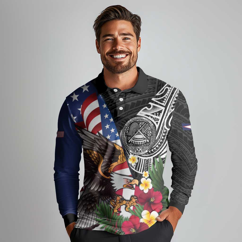 United States and American Samoa Long Sleeve Polo Shirt USA Flag Eagle With Seal Tropical Flowers