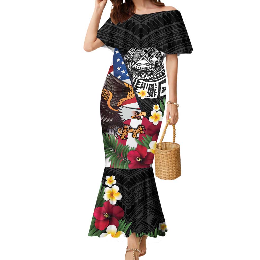 United States and American Samoa Mermaid Dress USA Flag Eagle With Seal Tropical Flowers - Polynesian Pride United States and American Samoa Mermaid Dress USA Flag Eagle With Seal Tropical Flowers - Polynesian Pride