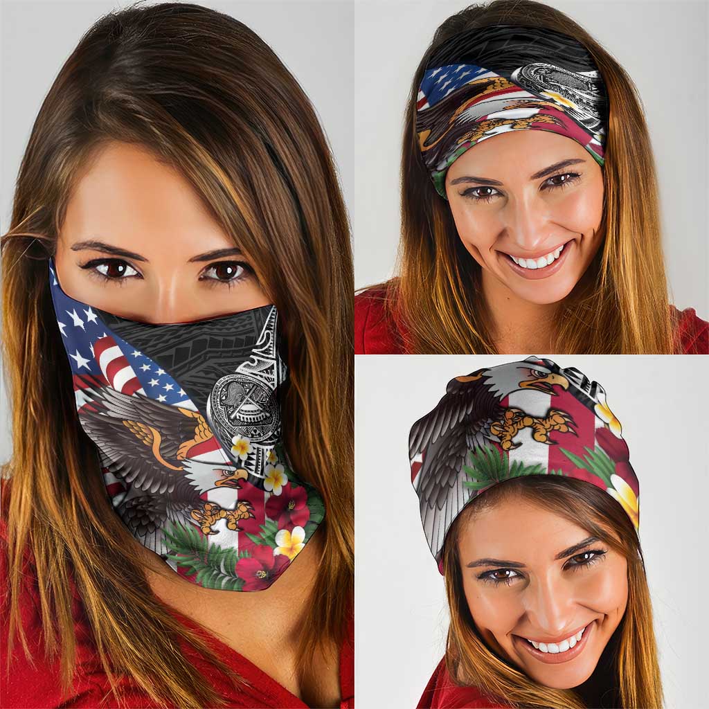 United States and American Samoa Neck Gaiter USA Flag Eagle With Seal Tropical Flowers