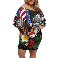 United States and American Samoa Off Shoulder Short Dress USA Flag Eagle With Seal Tropical Flowers