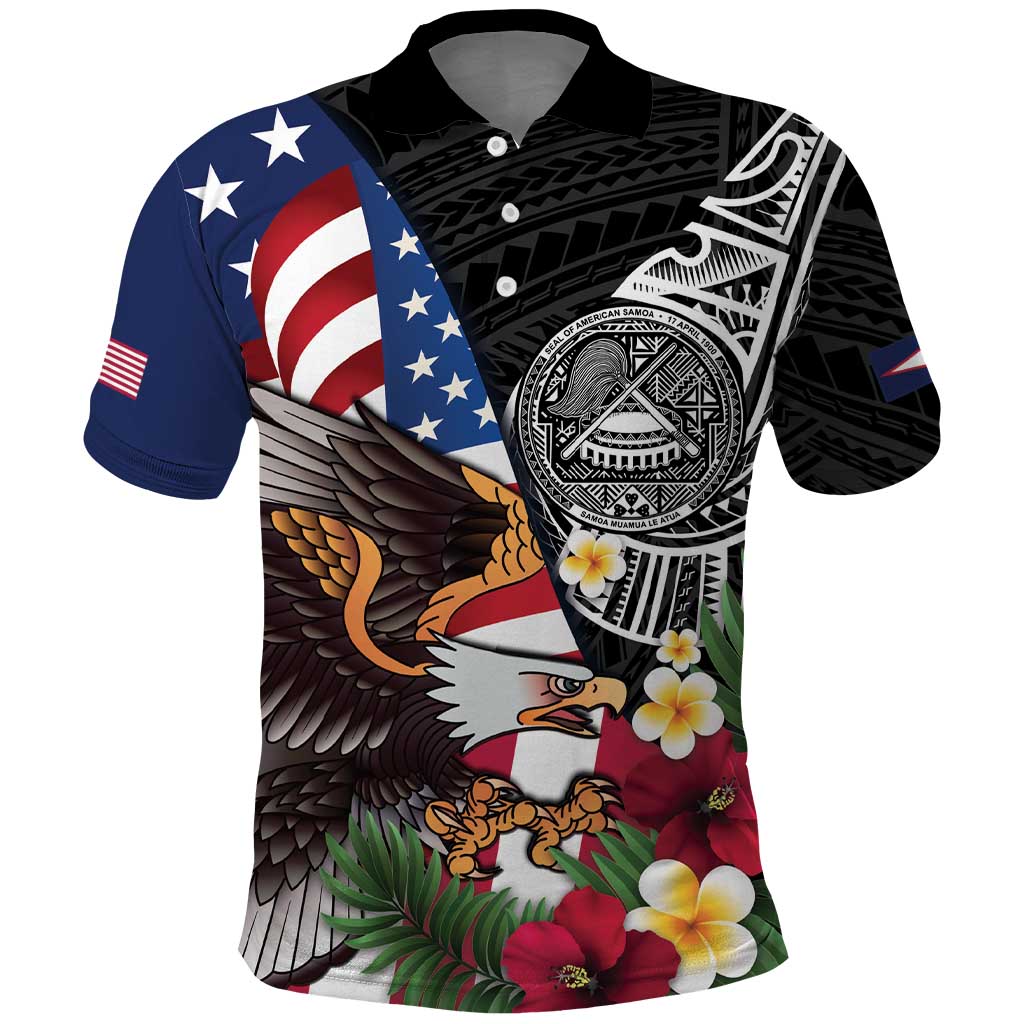 United States and American Samoa Polo Shirt USA Flag Eagle With Seal Tropical Flowers