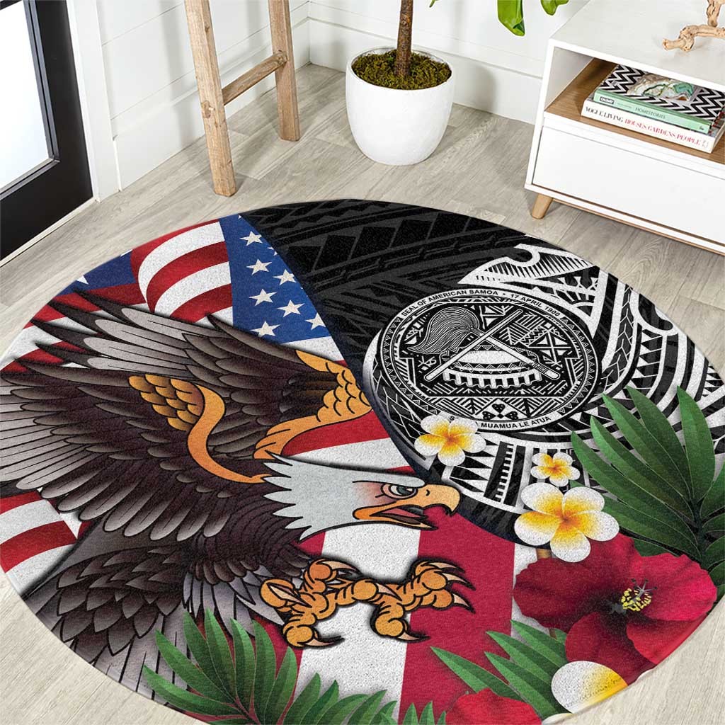 United States and American Samoa Round Carpet USA Flag Eagle With Seal Tropical Flowers LT14 Black - Polynesian Pride