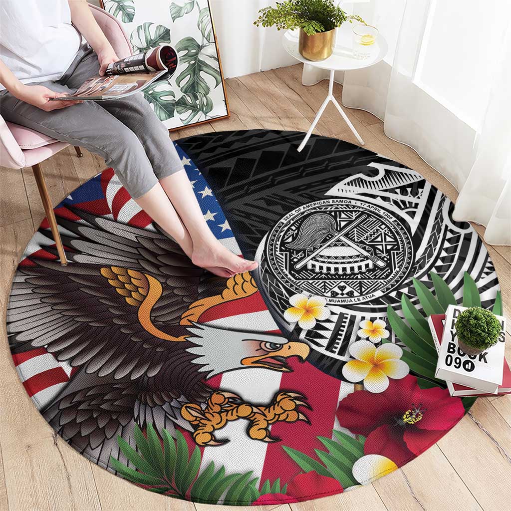 United States and American Samoa Round Carpet USA Flag Eagle With Seal Tropical Flowers