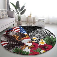 United States and American Samoa Round Carpet USA Flag Eagle With Seal Tropical Flowers