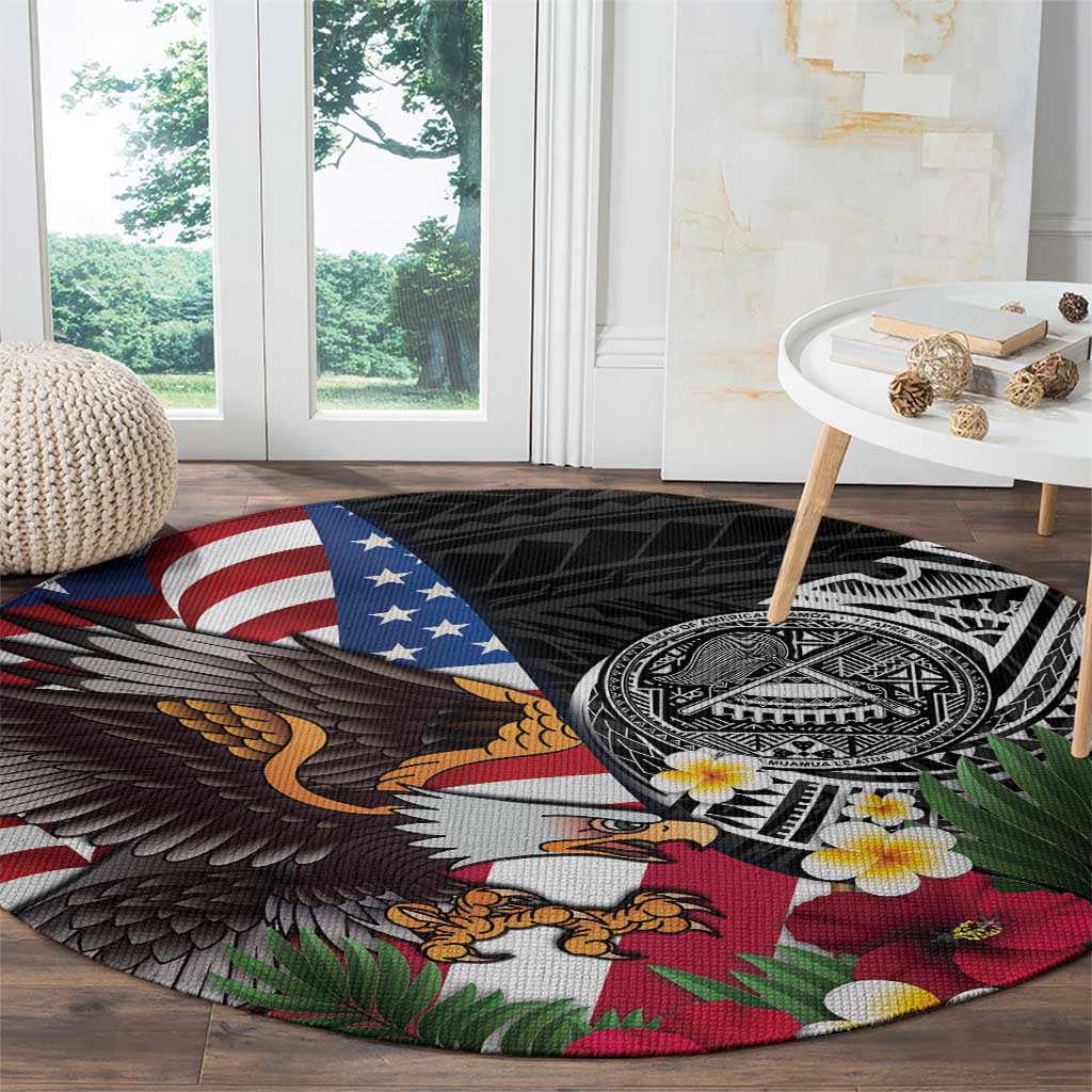 United States and American Samoa Round Carpet USA Flag Eagle With Seal Tropical Flowers