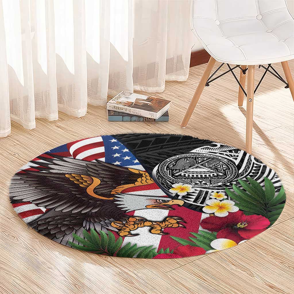 United States and American Samoa Round Carpet USA Flag Eagle With Seal Tropical Flowers
