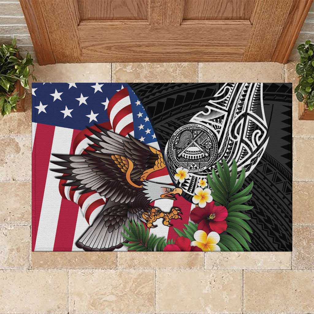 United States and American Samoa Rubber Doormat USA Flag Eagle With Seal Tropical Flowers LT14 Black - Polynesian Pride