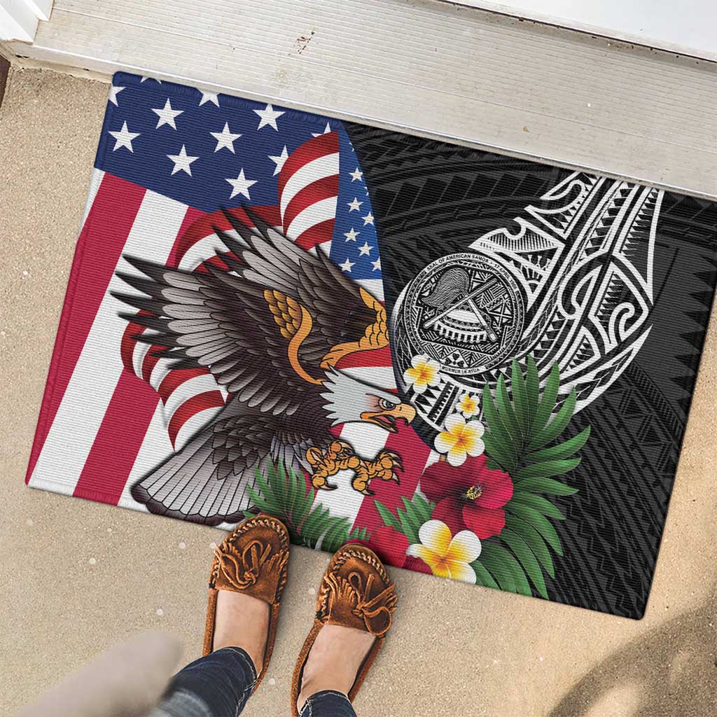 United States and American Samoa Rubber Doormat USA Flag Eagle With Seal Tropical Flowers
