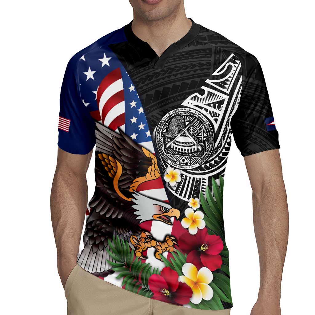 United States and American Samoa Rugby Jersey USA Flag Eagle With Seal Tropical Flowers