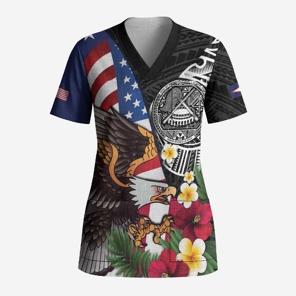 United States and American Samoa Scrub Top USA Flag Eagle With Seal Tropical Flowers