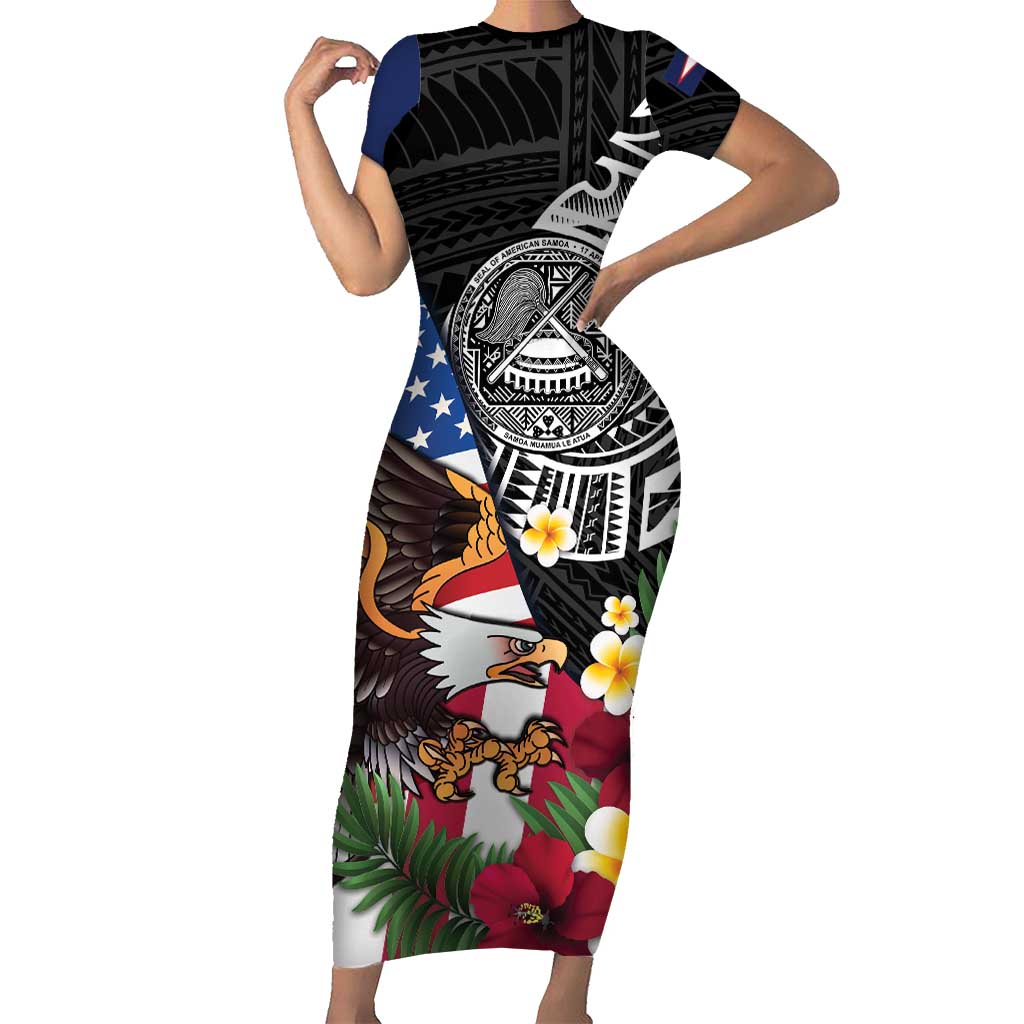 United States and American Samoa Short Sleeve Bodycon Dress USA Flag Eagle With Seal Tropical Flowers