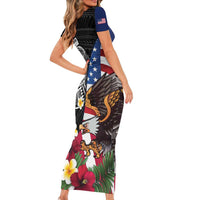 United States and American Samoa Short Sleeve Bodycon Dress USA Flag Eagle With Seal Tropical Flowers