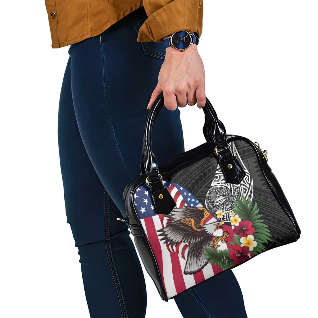 United States and American Samoa Shoulder Handbag USA Flag Eagle With Seal Tropical Flowers
