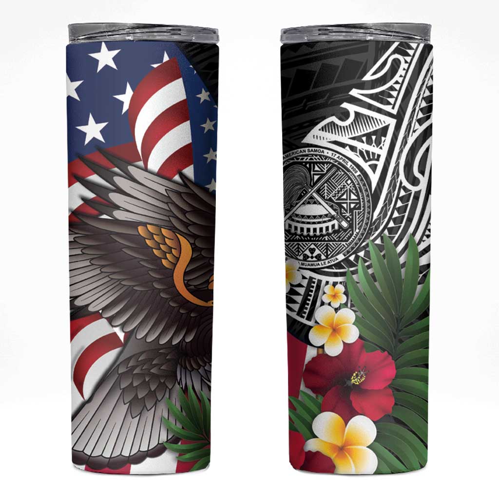 United States and American Samoa Skinny Tumbler USA Flag Eagle With Seal Tropical Flowers LT14 Black - Polynesian Pride