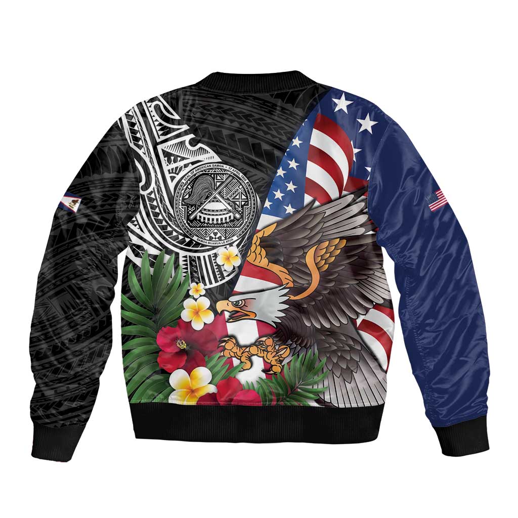 United States and American Samoa Sleeve Zip Bomber Jacket USA Flag Eagle With Seal Tropical Flowers