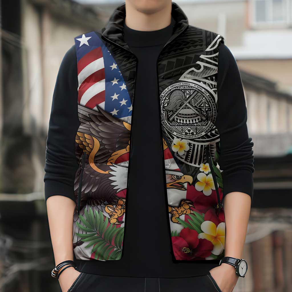 United States and American Samoa Sleeveless Puffer Jacket USA Flag Eagle With Seal Tropical Flowers