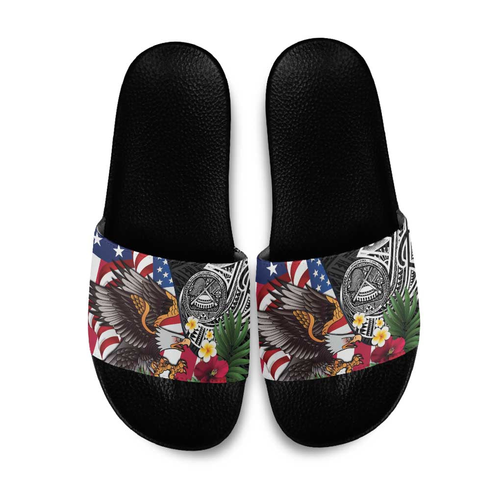 United States and American Samoa Slide Sandals USA Flag Eagle With Seal Tropical Flowers