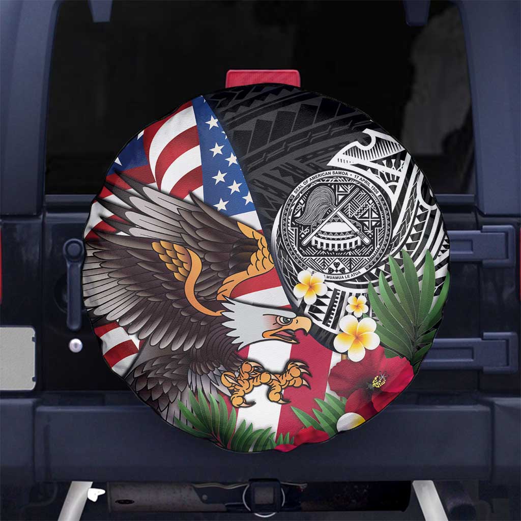 United States and American Samoa Spare Tire Cover USA Flag Eagle With Seal Tropical Flowers LT14 No hole Black - Polynesian Pride