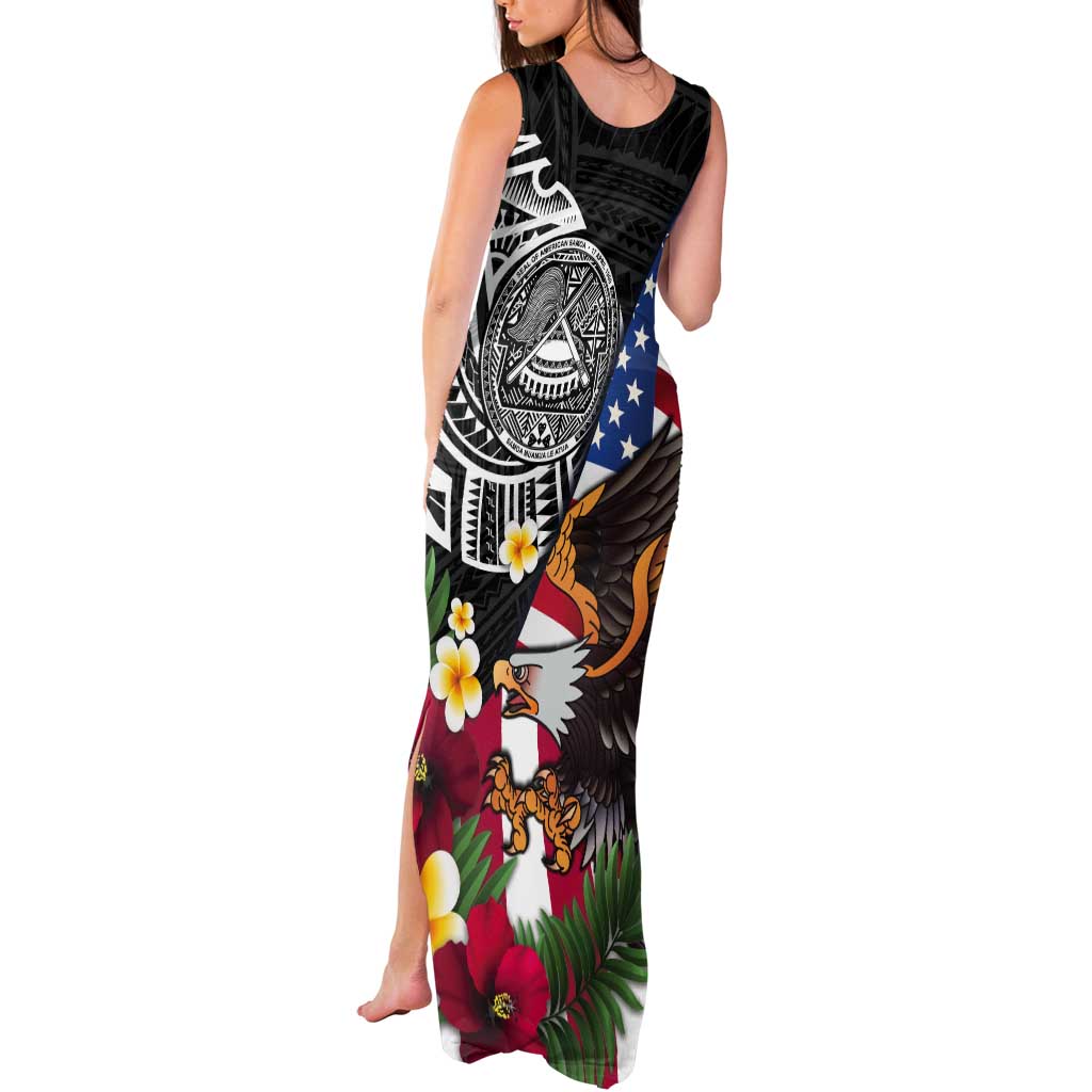 United States and American Samoa Tank Maxi Dress USA Flag Eagle With Seal Tropical Flowers