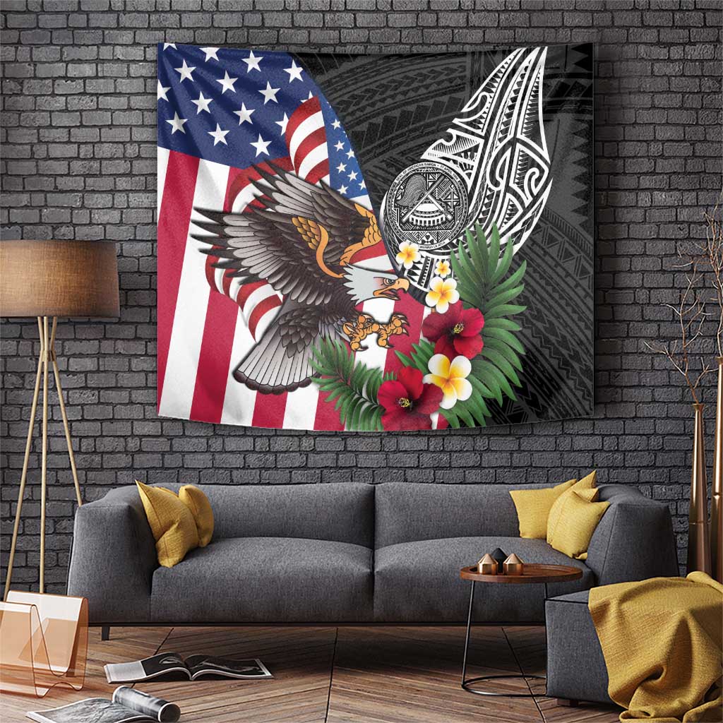 United States and American Samoa Tapestry USA Flag Eagle With Seal Tropical Flowers LT14 Black - Polynesian Pride