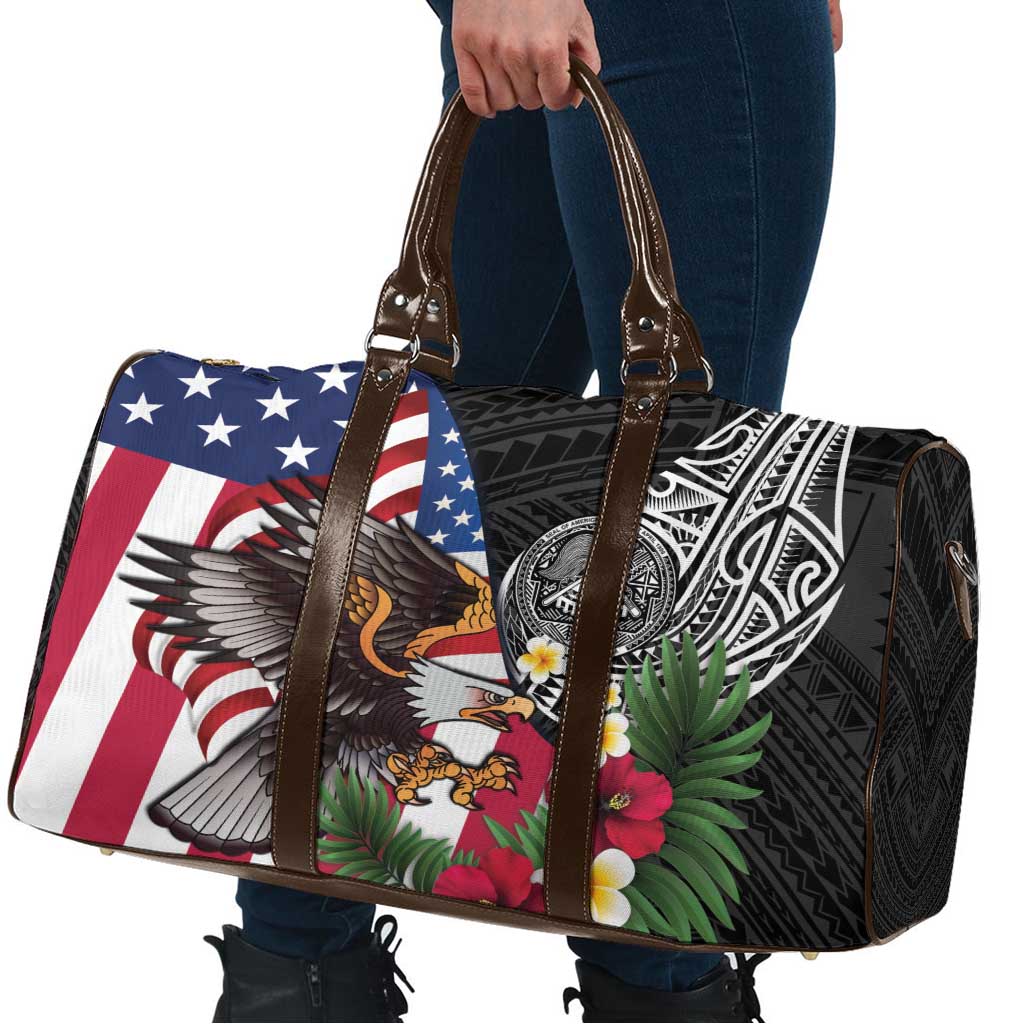 United States and American Samoa Travel Bag USA Flag Eagle With Seal Tropical Flowers