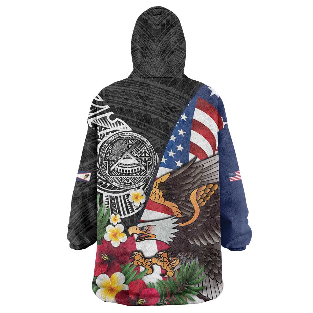 United States and American Samoa Wearable Blanket Hoodie USA Flag Eagle With Seal Tropical Flowers