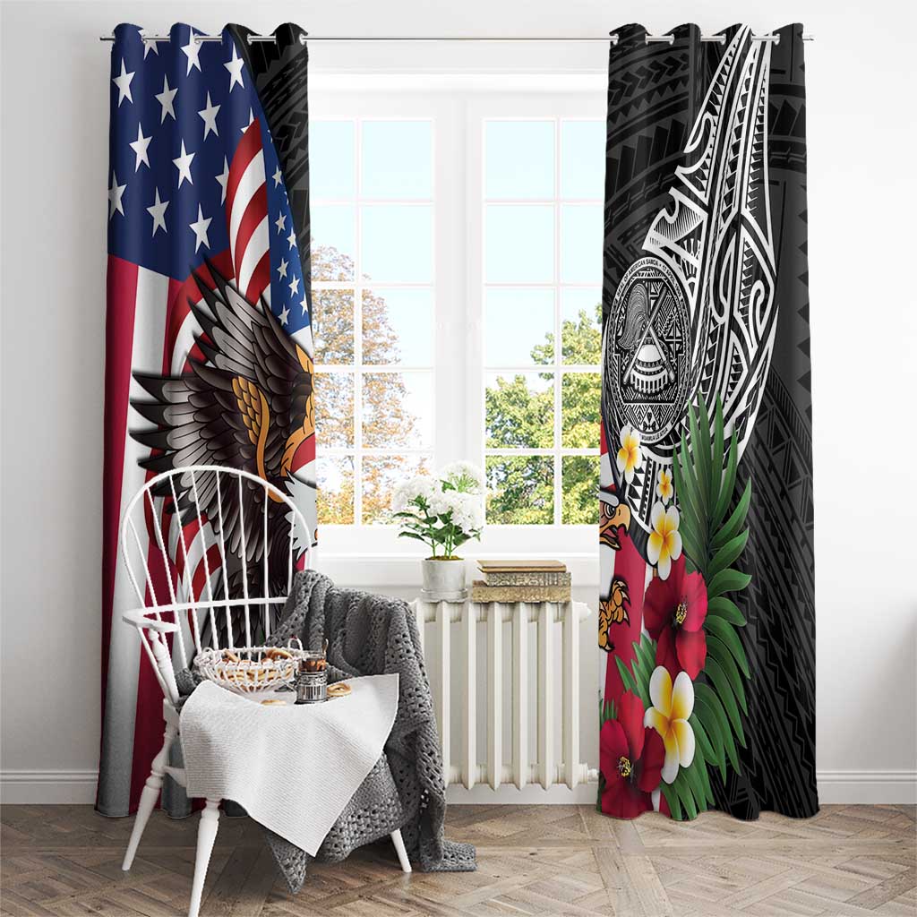 United States and American Samoa Window Curtain USA Flag Eagle With Seal Tropical Flowers