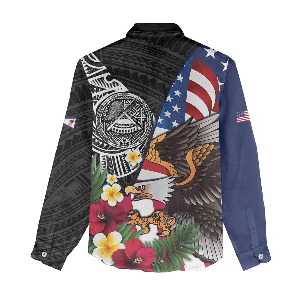 United States and American Samoa Women Casual Shirt USA Flag Eagle With Seal Tropical Flowers