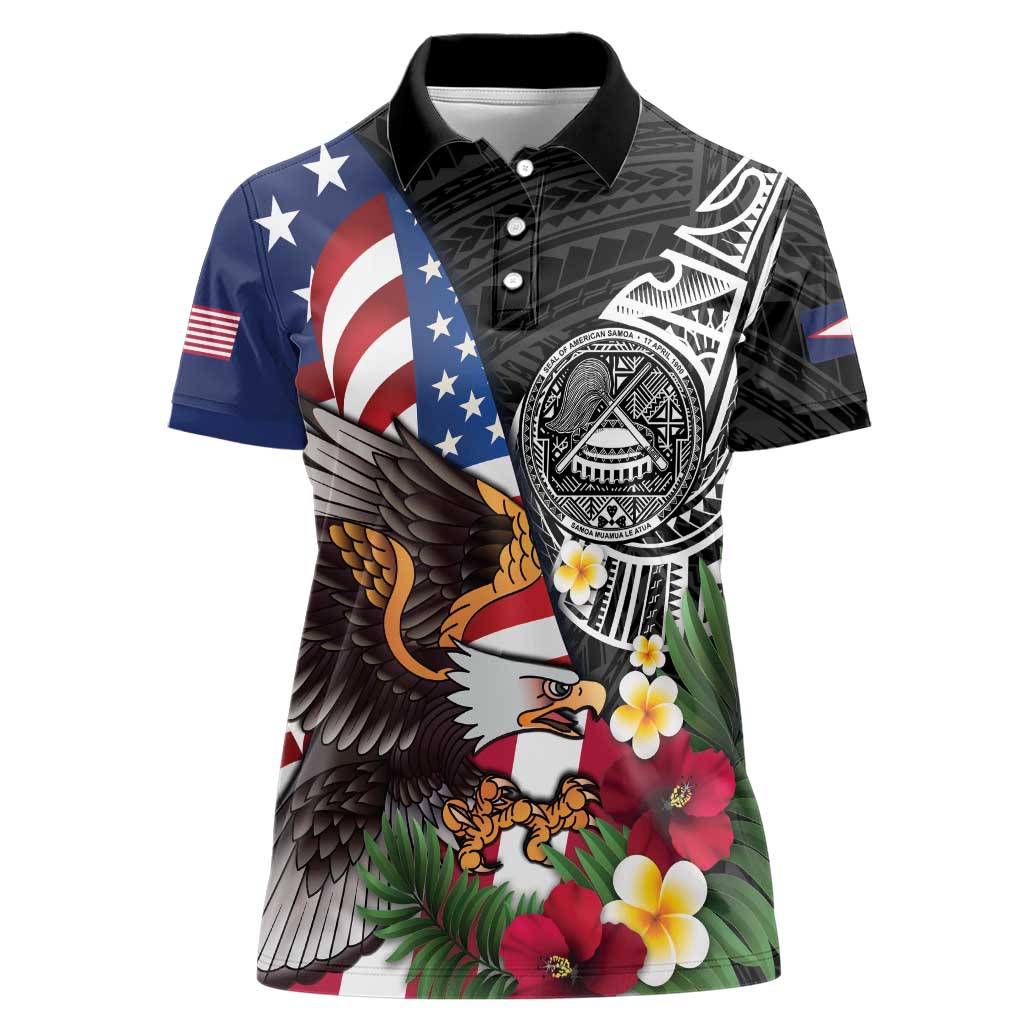 United States and American Samoa Women Polo Shirt USA Flag Eagle With Seal Tropical Flowers