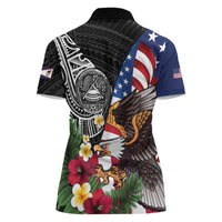 United States and American Samoa Women Polo Shirt USA Flag Eagle With Seal Tropical Flowers