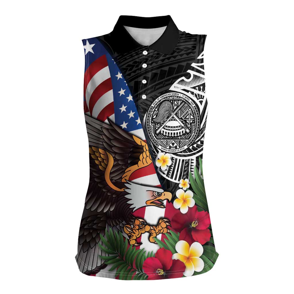 United States and American Samoa Women Sleeveless Polo Shirt USA Flag Eagle With Seal Tropical Flowers