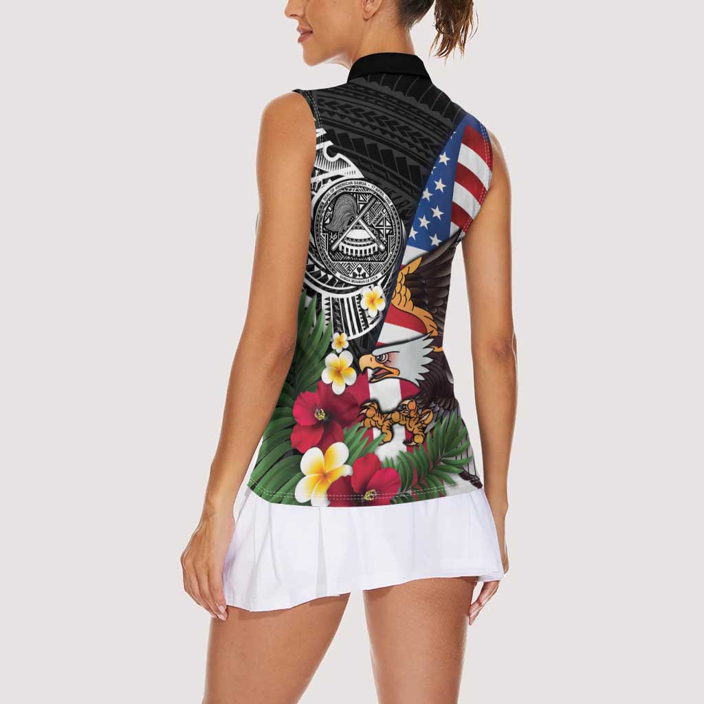 United States and American Samoa Women Sleeveless Polo Shirt USA Flag Eagle With Seal Tropical Flowers