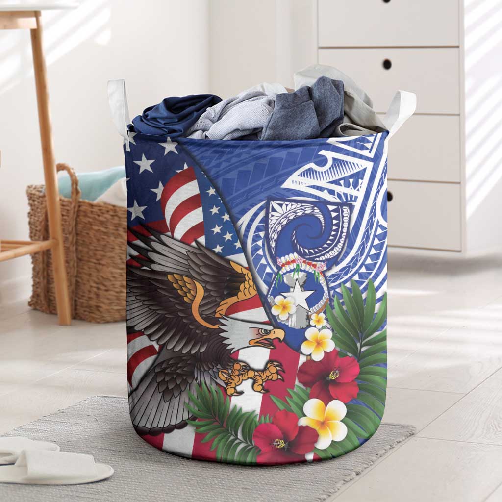 United States and Northern Mariana Islands Laundry Basket USA Flag Eagle CNMI Latte Stone Tropical Flowers