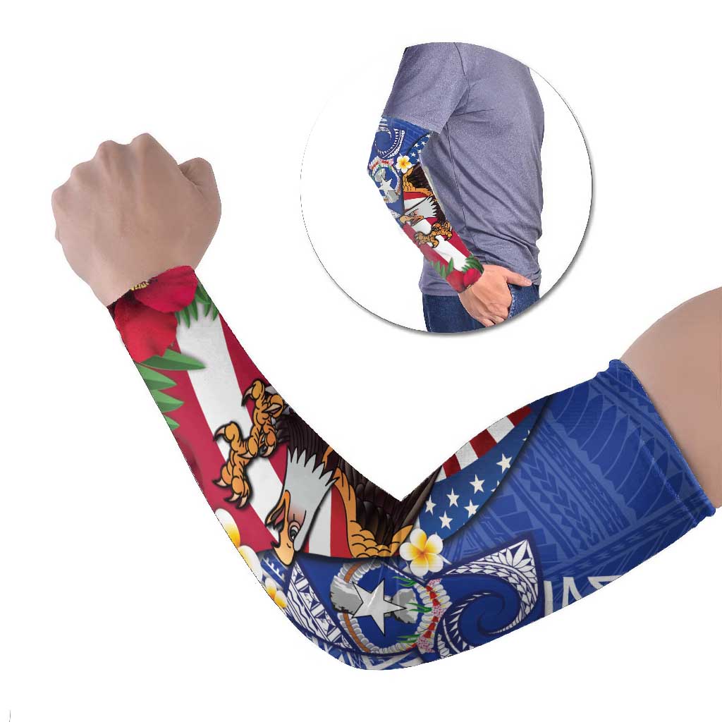 United States and Northern Mariana Islands Arm Sleeves USA Flag Eagle CNMI Latte Stone Tropical Flowers