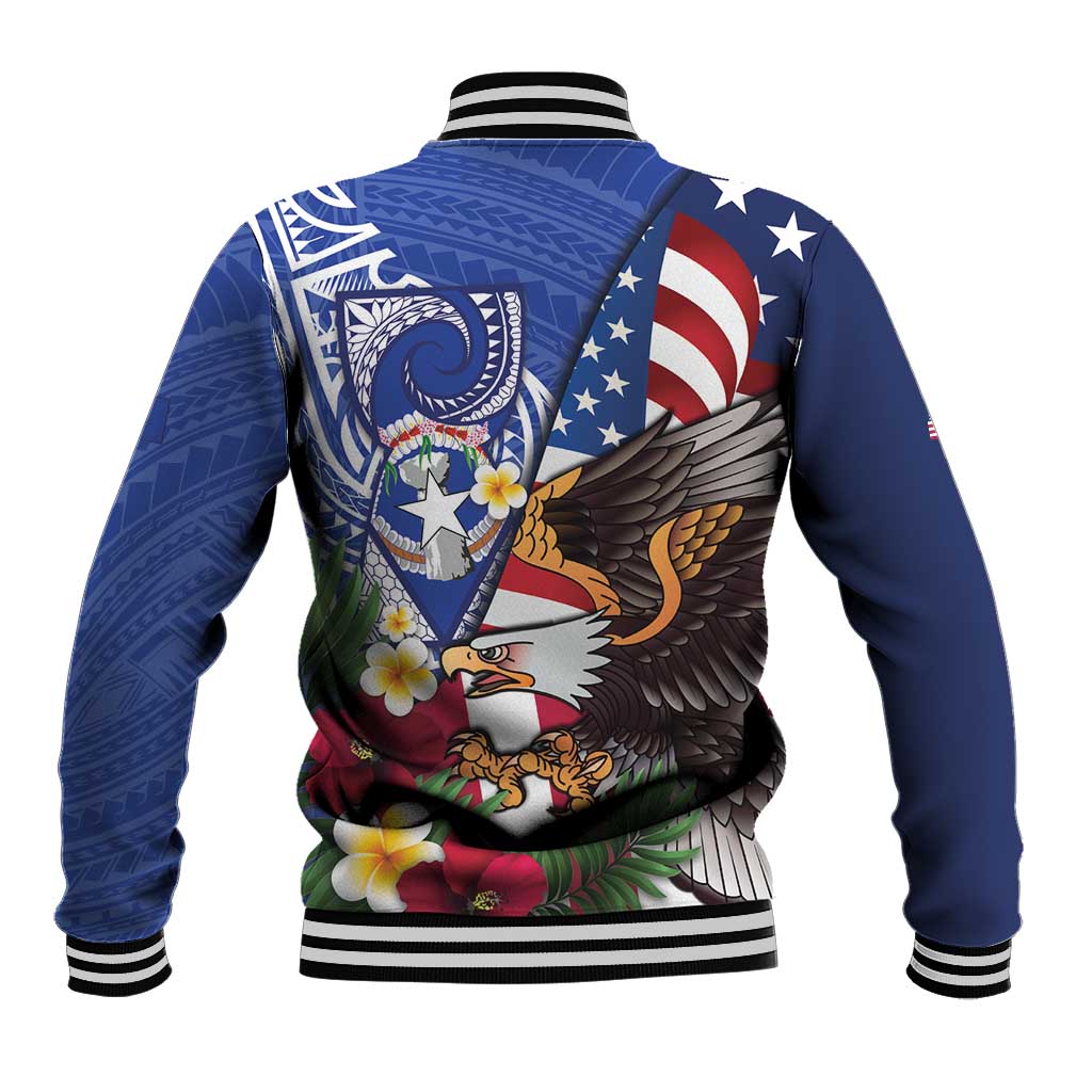 United States and Northern Mariana Islands Baseball Jacket USA Flag Eagle CNMI Latte Stone Tropical Flowers