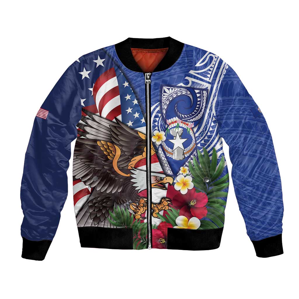 United States and Northern Mariana Islands Bomber Jacket USA Flag Eagle CNMI Latte Stone Tropical Flowers LT14 Unisex Blue - Polynesian Pride