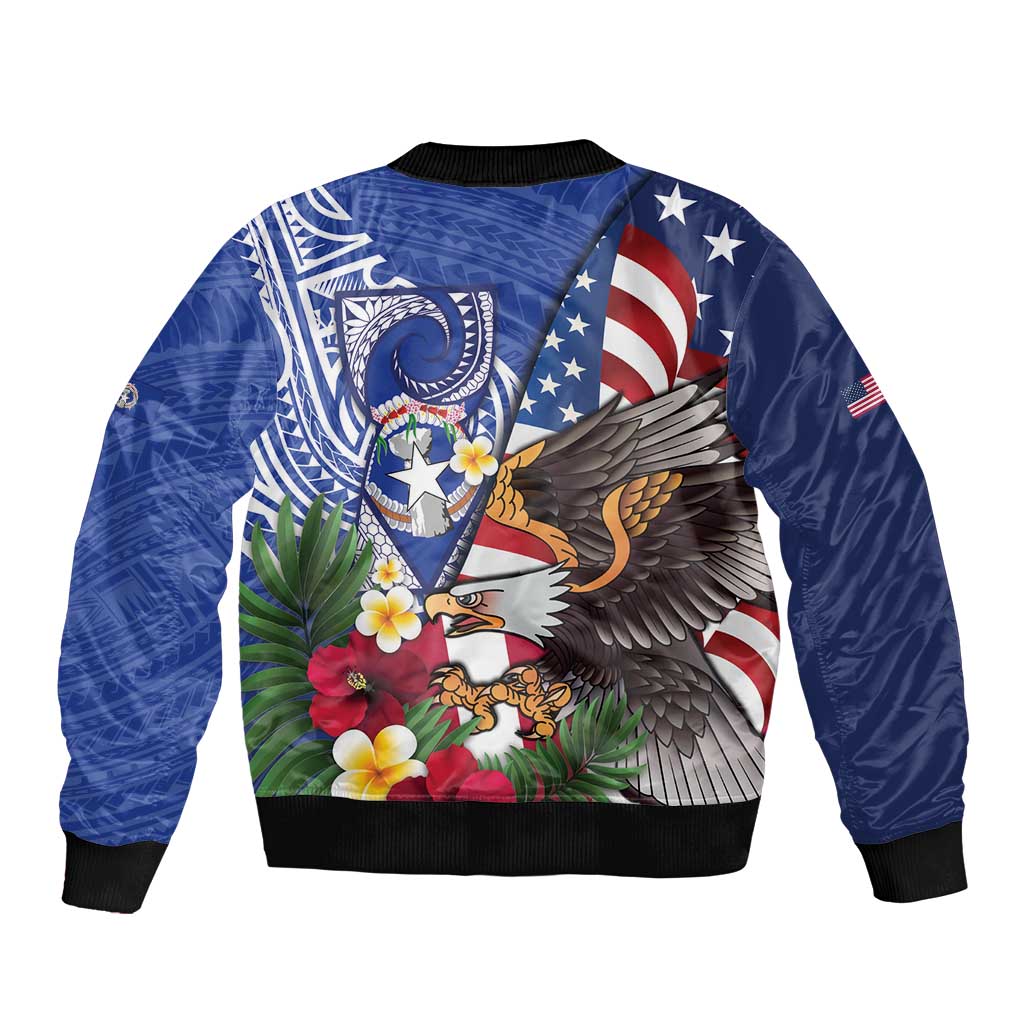 United States and Northern Mariana Islands Bomber Jacket USA Flag Eagle CNMI Latte Stone Tropical Flowers LT14 - Polynesian Pride