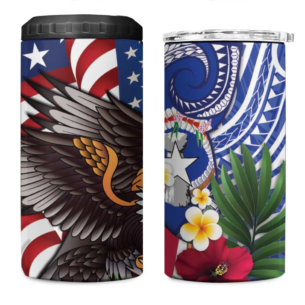 United States and Northern Mariana Islands 4 in 1 Can Cooler Tumbler USA Flag Eagle CNMI Latte Stone Tropical Flowers