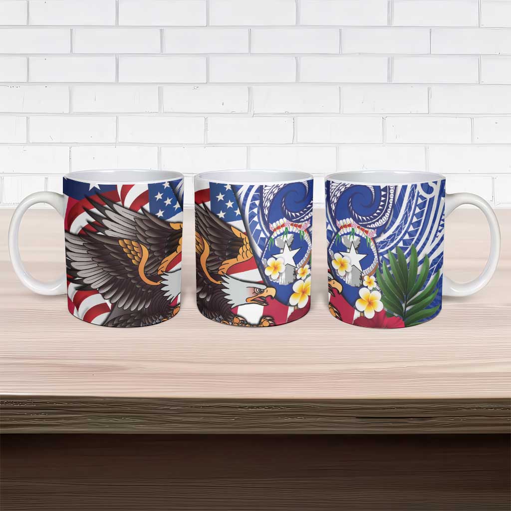 United States and Northern Mariana Islands Ceramic Mug USA Flag Eagle CNMI Latte Stone Tropical Flowers