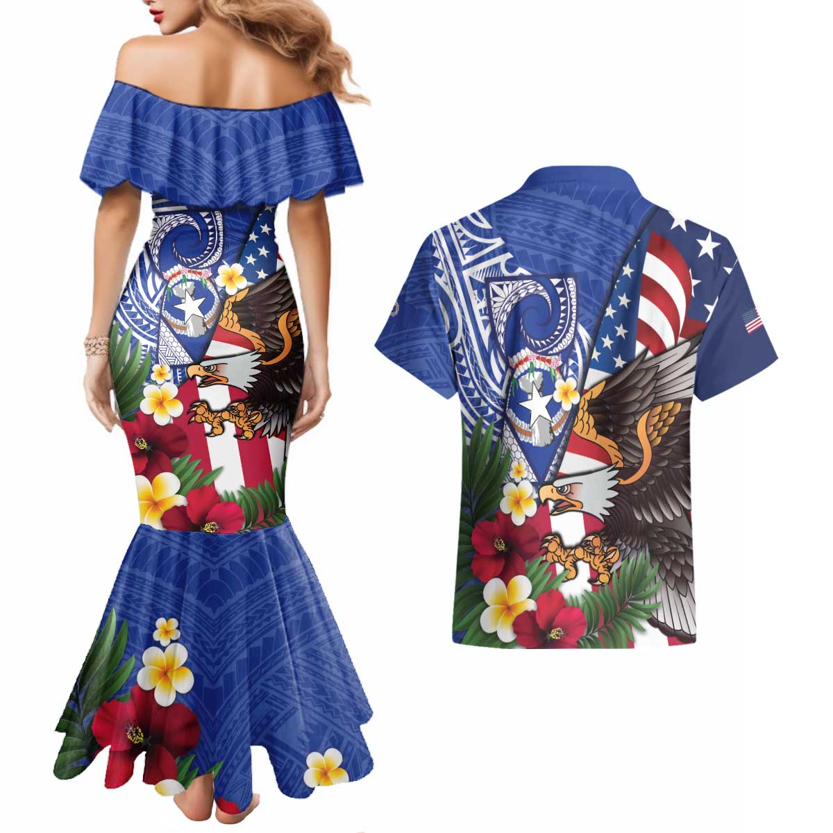 United States and Northern Mariana Islands Couples Matching Mermaid Dress and Hawaiian Shirt USA Flag Eagle CNMI Latte Stone Tropical Flowers