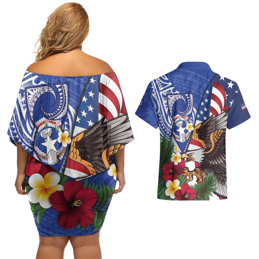 United States and Northern Mariana Islands Couples Matching Off Shoulder Short Dress and Hawaiian Shirt USA Flag Eagle CNMI Latte Stone Tropical Flowers