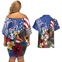 United States and Northern Mariana Islands Couples Matching Off Shoulder Short Dress and Hawaiian Shirt USA Flag Eagle CNMI Latte Stone Tropical Flowers